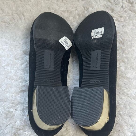 Lane Bryant Black  fabric Velvet Flats Gold 1”Heels Bow accent SZ12W - Picture 8 of 10